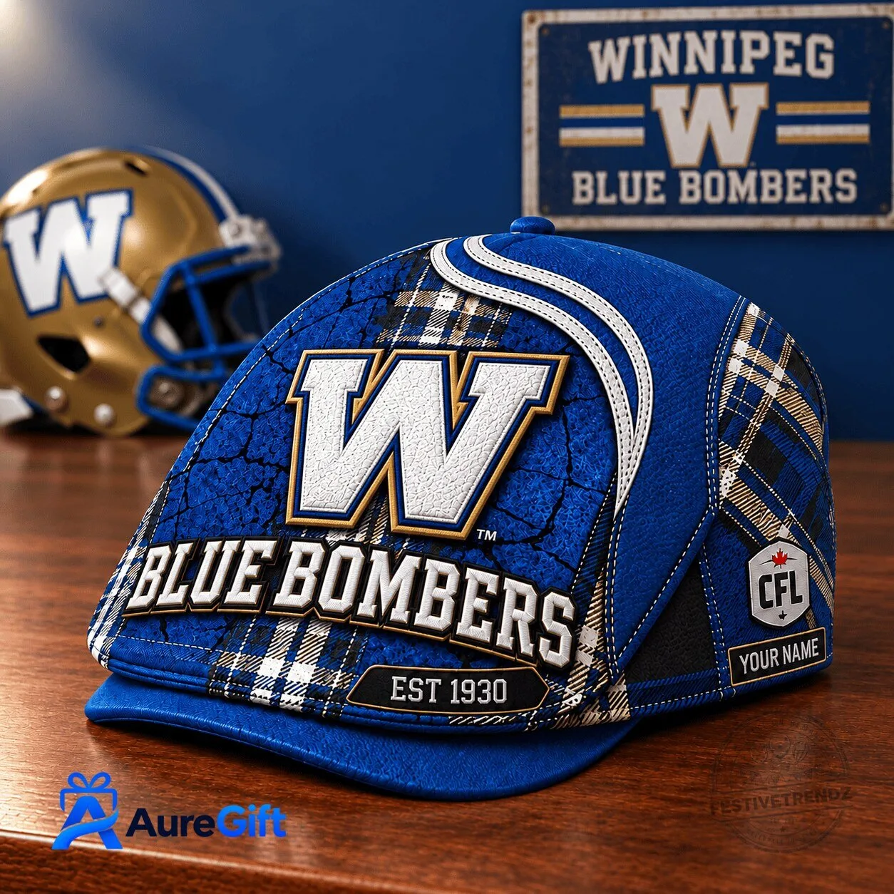 Winnipeg Blue Bombers CFL Personalized Blue Plaid Golf Cap Hat