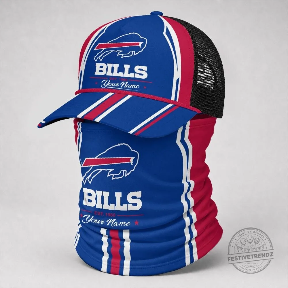 Buffalo Bills Custom Name Blue Baseball Cap Hat and Neck Gaiter Set