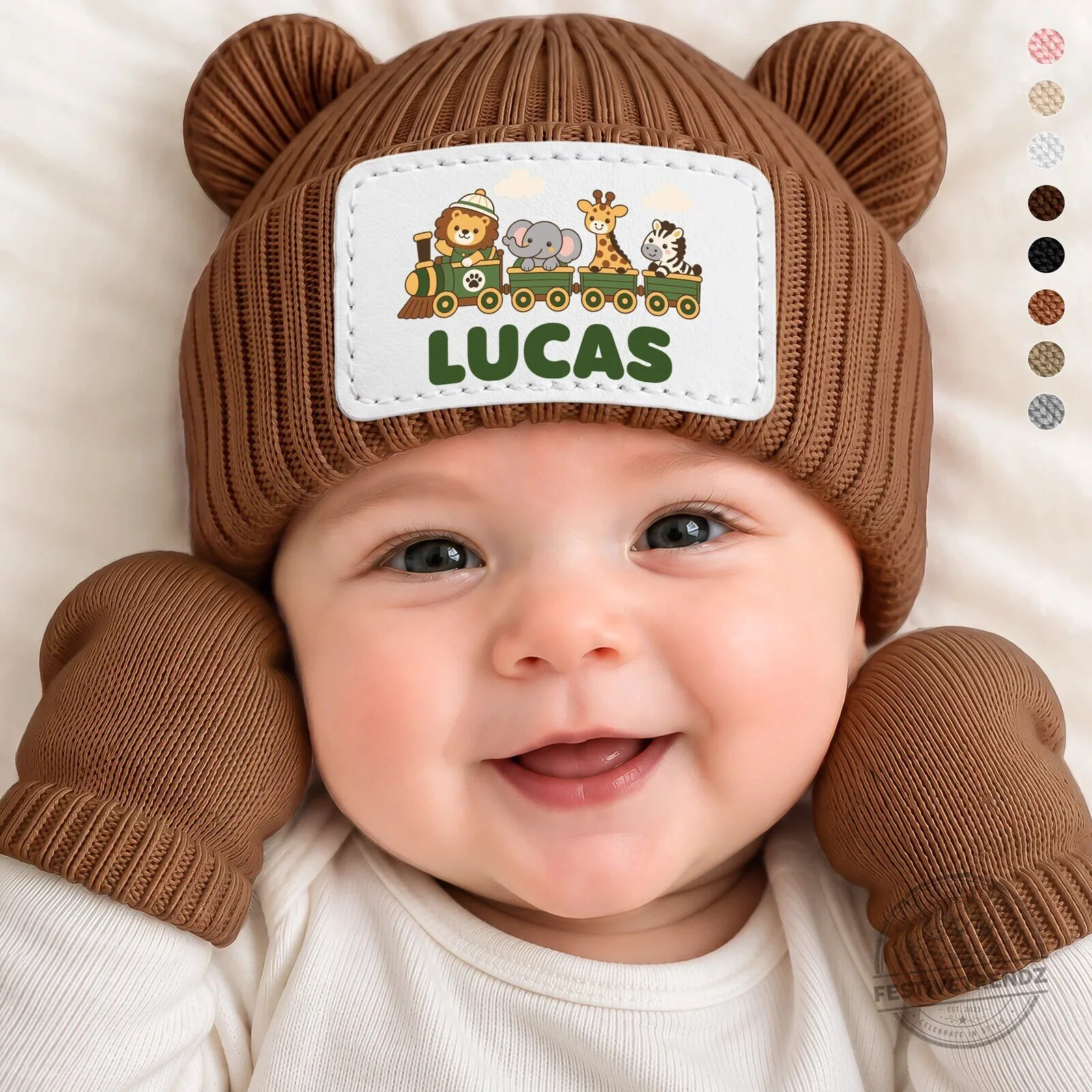 Personalized Baby Beanie with Animal Train Design and Custom Name