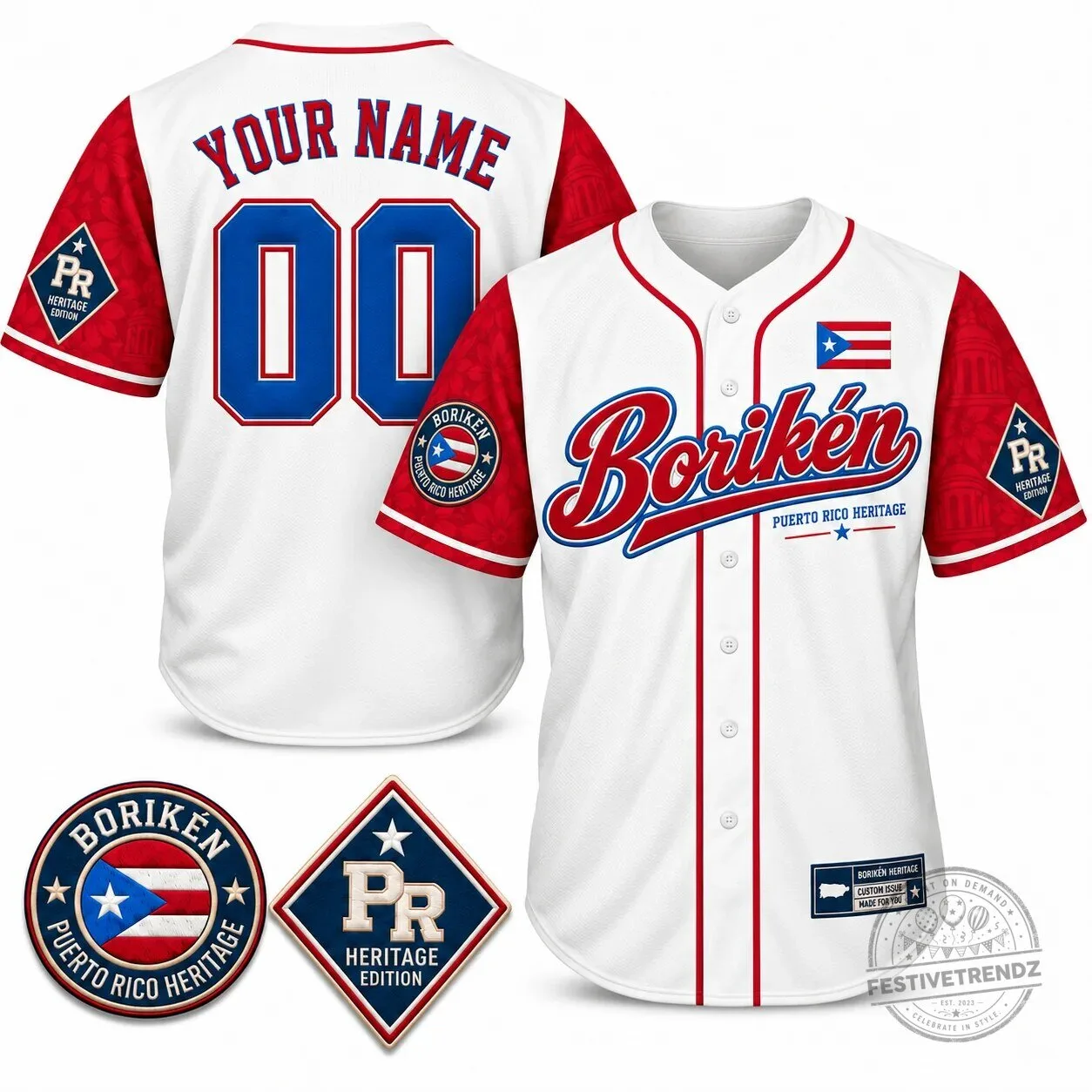 Puerto Rico Boriken Heritage Baseball Jersey with Custom Name and Number