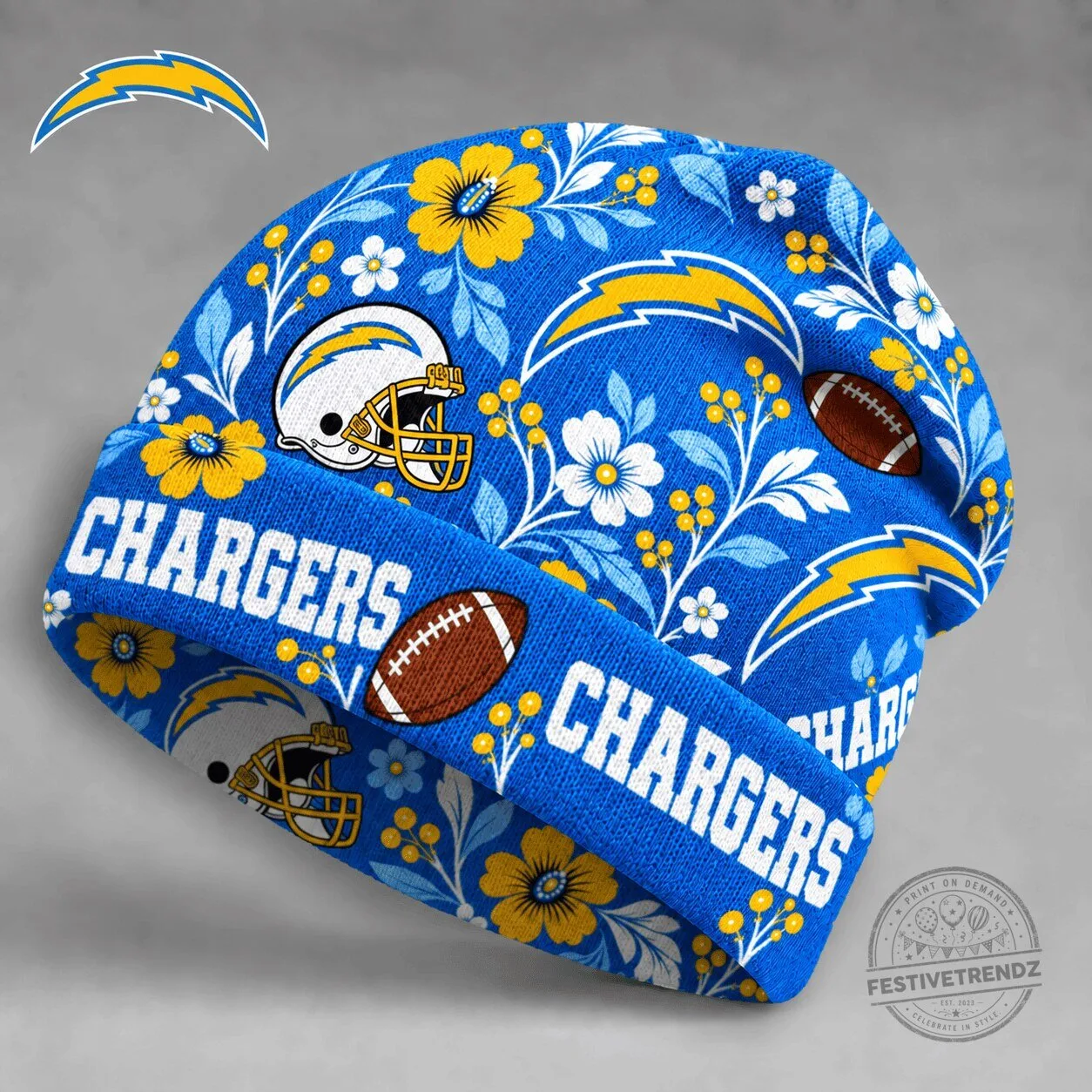 Los Angeles Chargers NFL Football Team Floral Pattern Beanie Hat