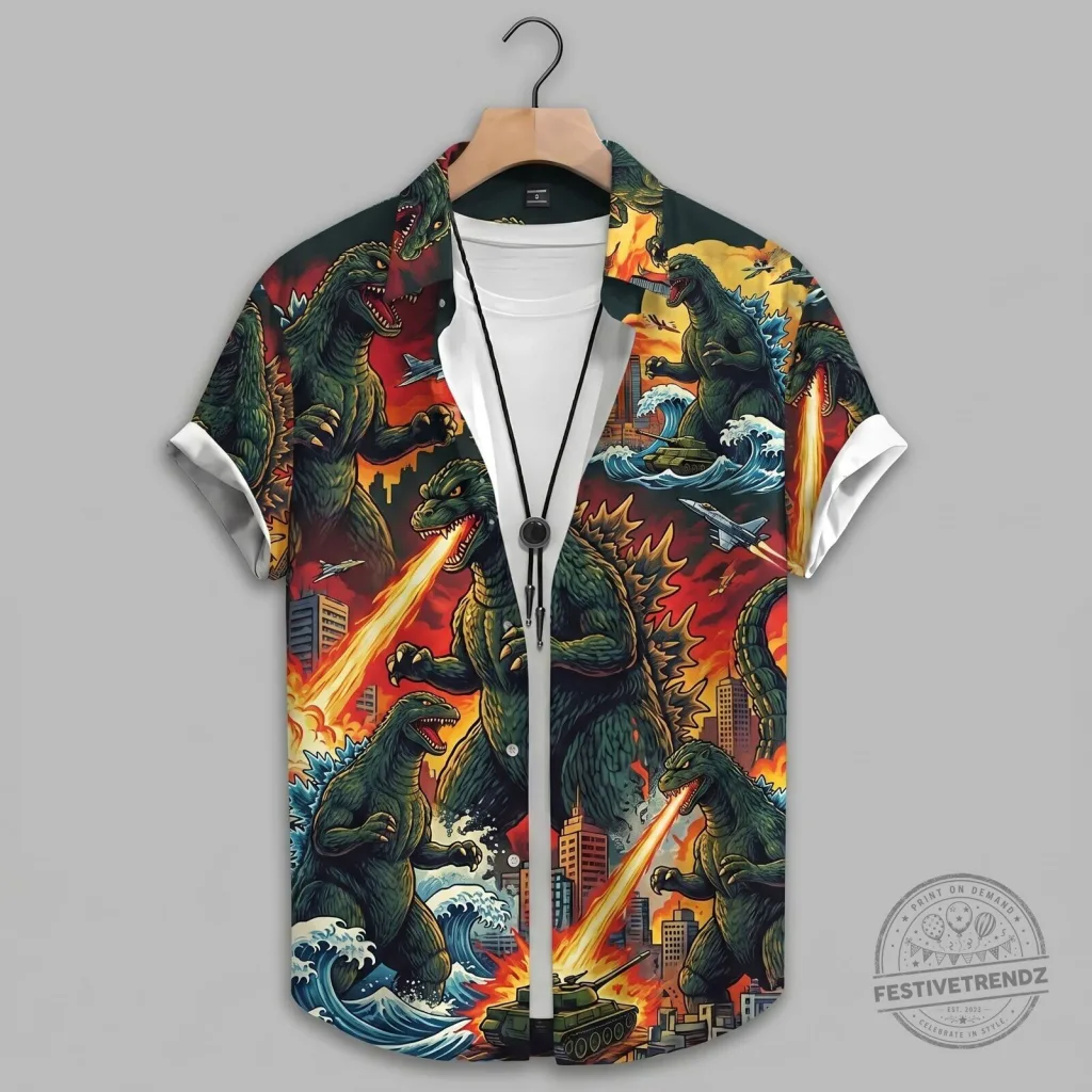 Godzilla Monster Movie City Attack Hawaiian Shirt for Men Godzilla Monster Movie City Attack Hawaiian Shirt for Men