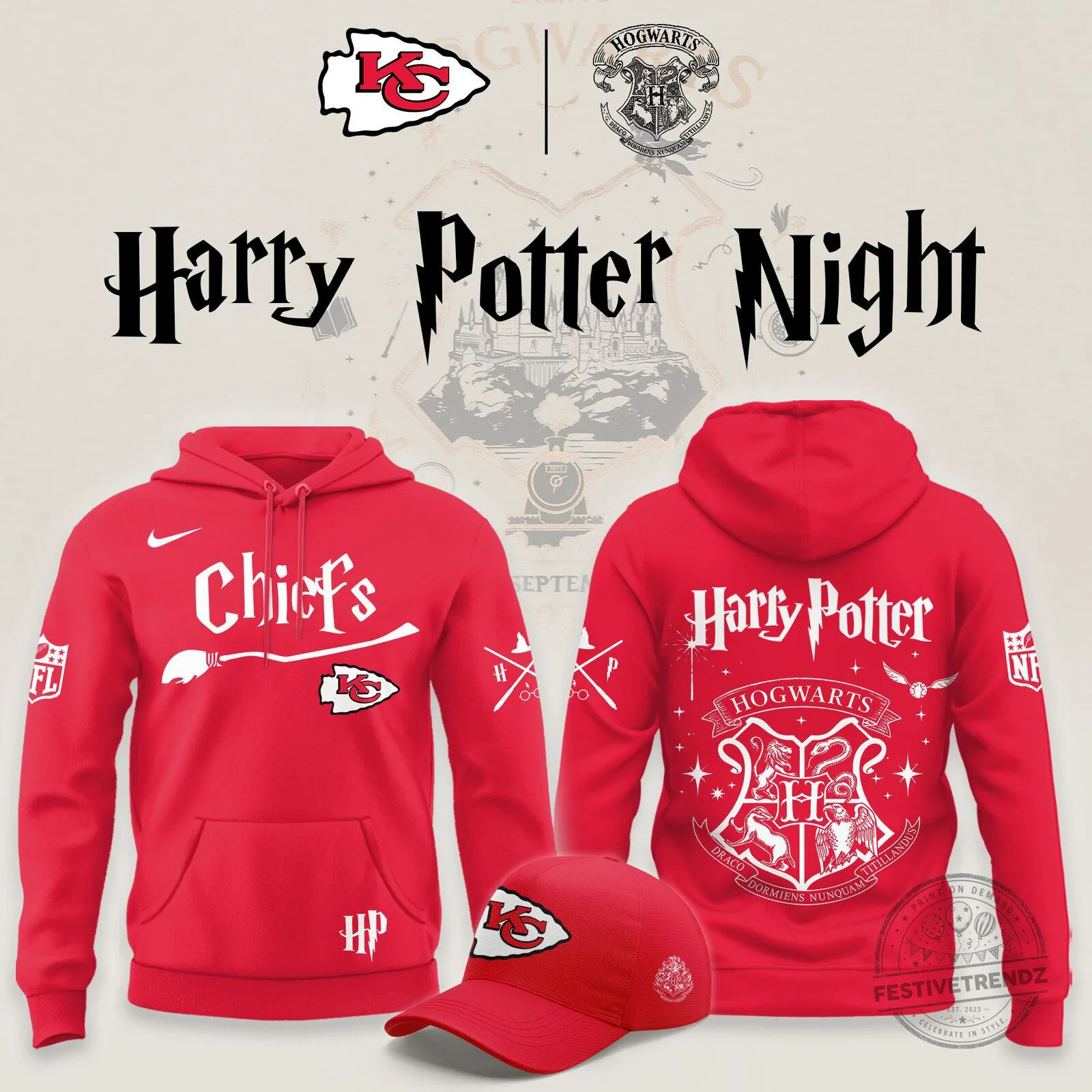 Red Hoodie featuring Hogwarts Crest for Kansas City Chiefs Harry Potter Night