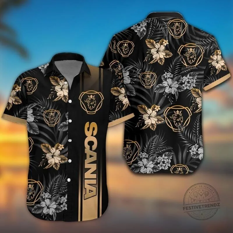 Scania Truck Logo Black Tropical Floral Pattern Summer Hawaiian Shirt