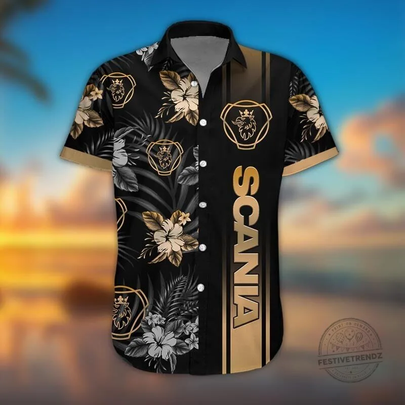 Scania Truck Logo Black Tropical Floral Pattern Summer Hawaiian Shirt 6 Scania Truck Logo Black Tropical Floral Pattern Summer Hawaiian Shirt