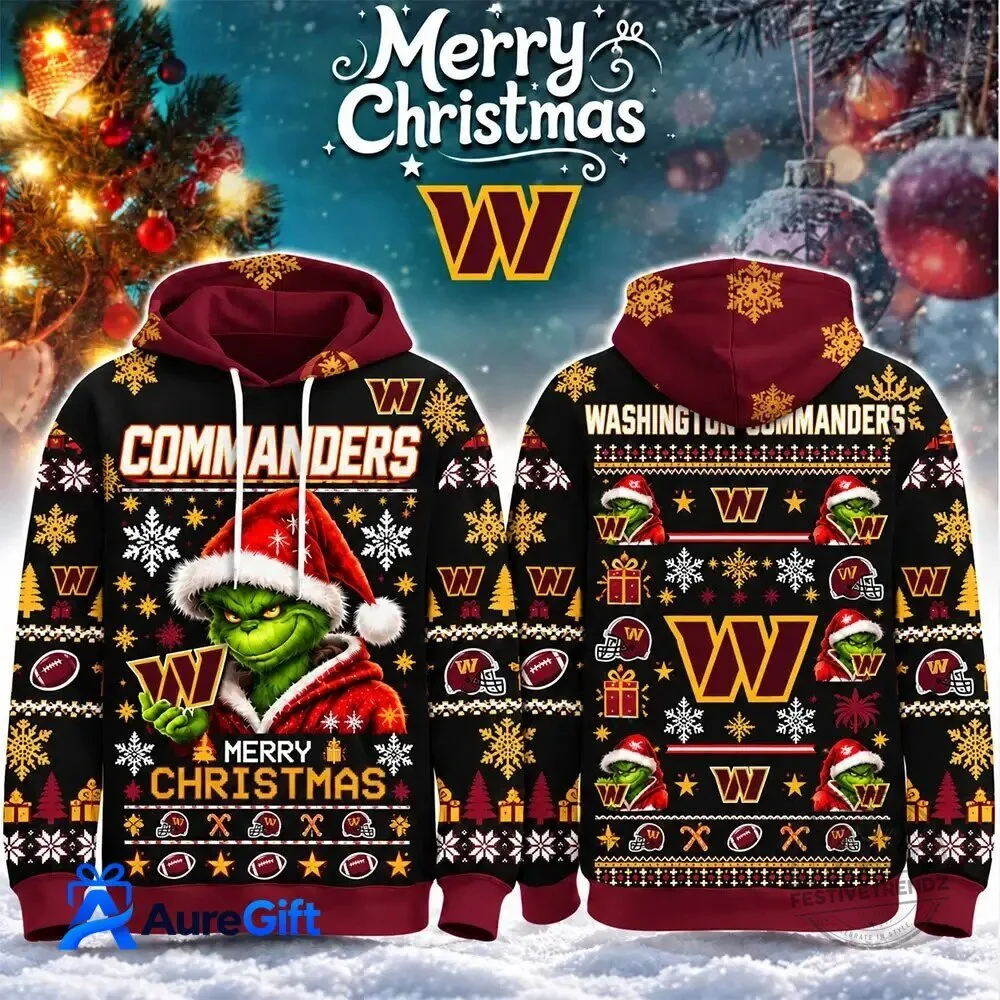 Merry Christmas Ugly Sweater Hoodie featuring Washington Commanders Grinch Design