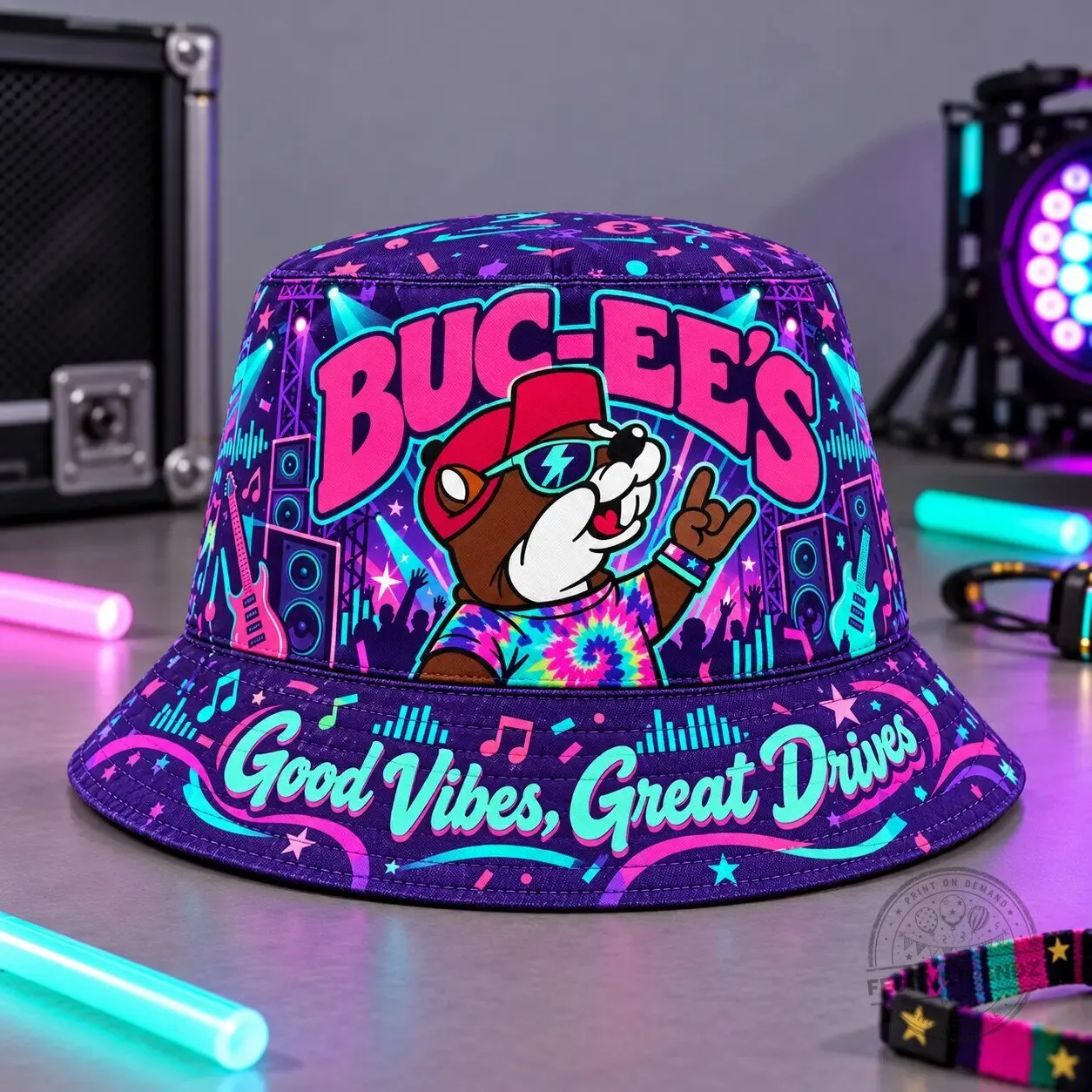 Buc-ee's Good Vibes Great Drives Neon Music Festival Bucket Hat