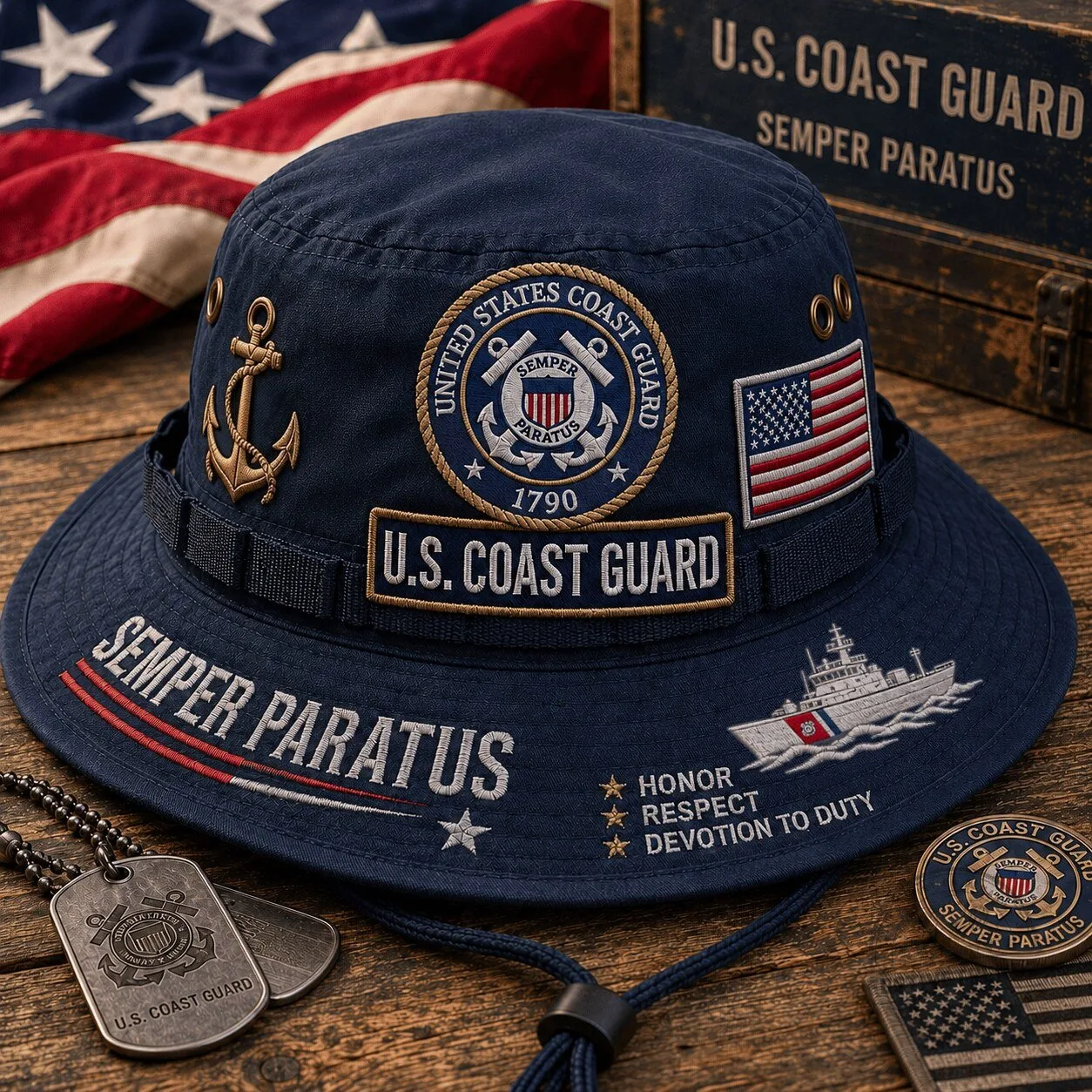 United States Coast Guard Semper Paratus Navy Blue Bucket Hat