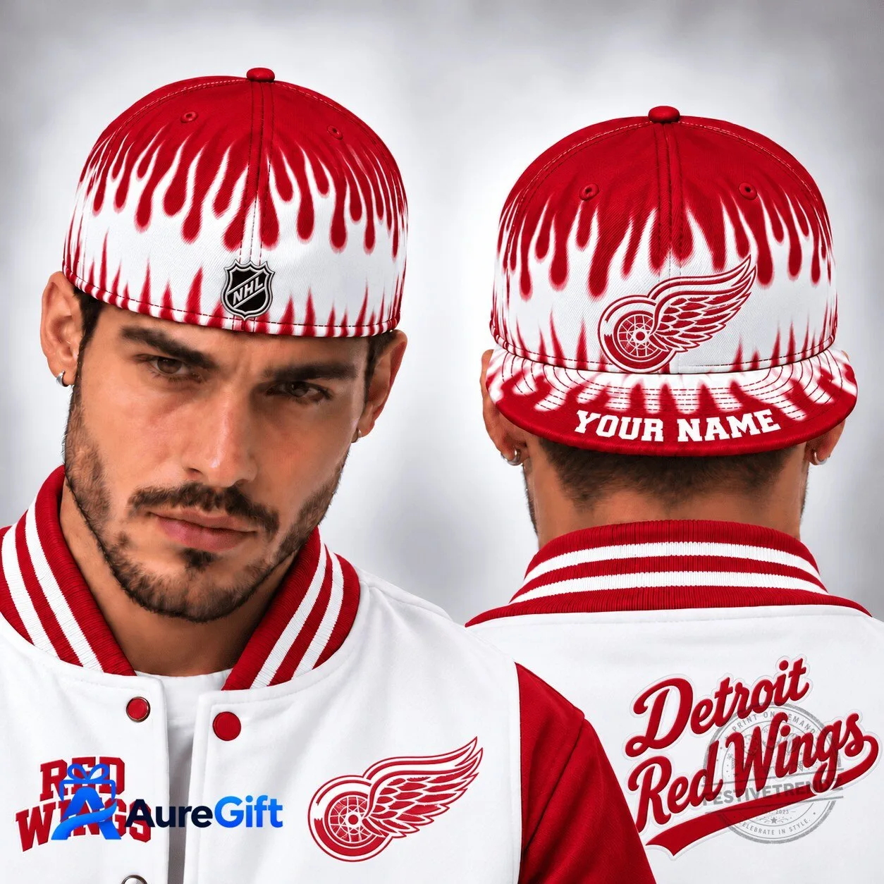 Detroit Red Wings NHL Flame Pattern Personalized Snapback Cap Hat