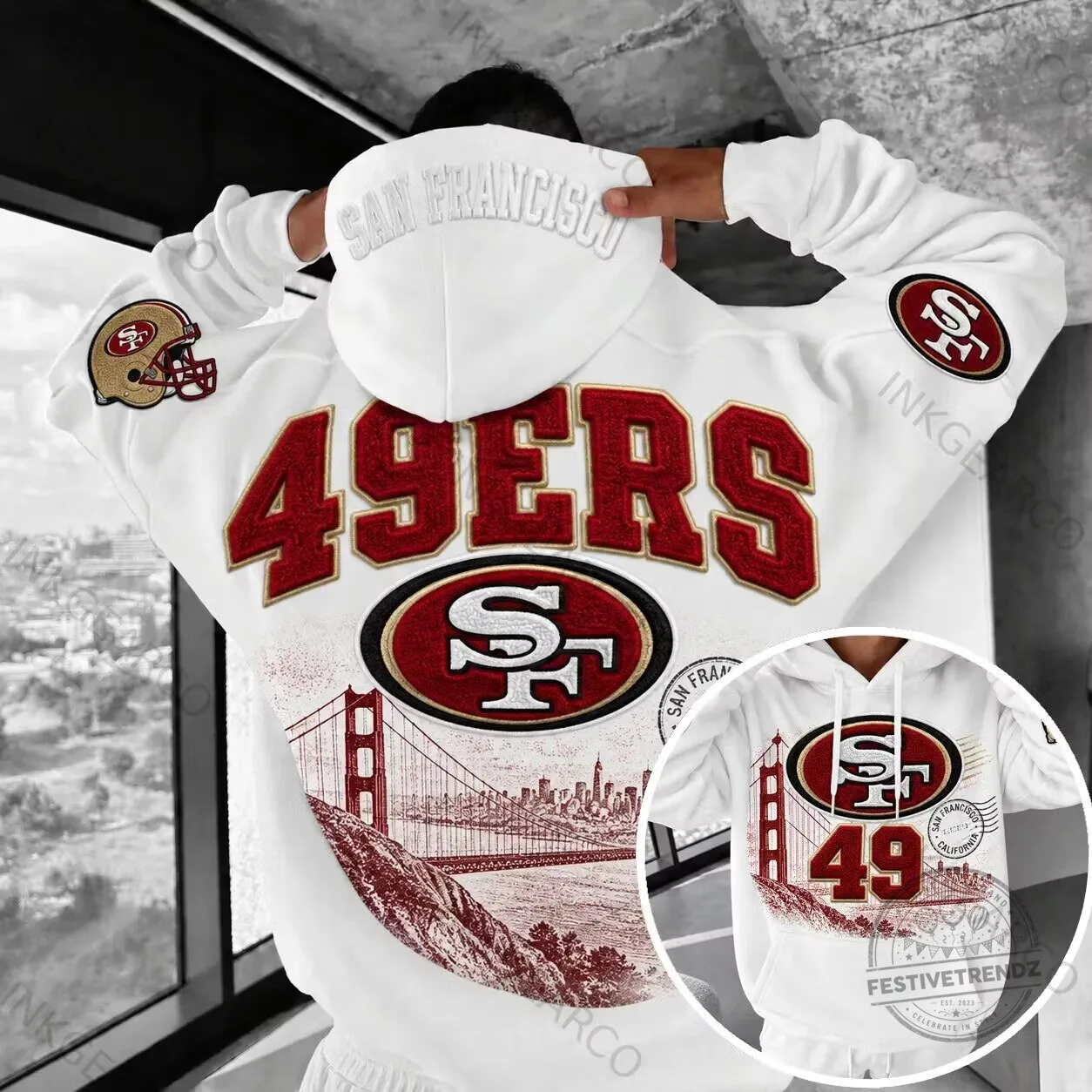San Francisco 49ers Golden Gate Bridge Skyline White Hoodie