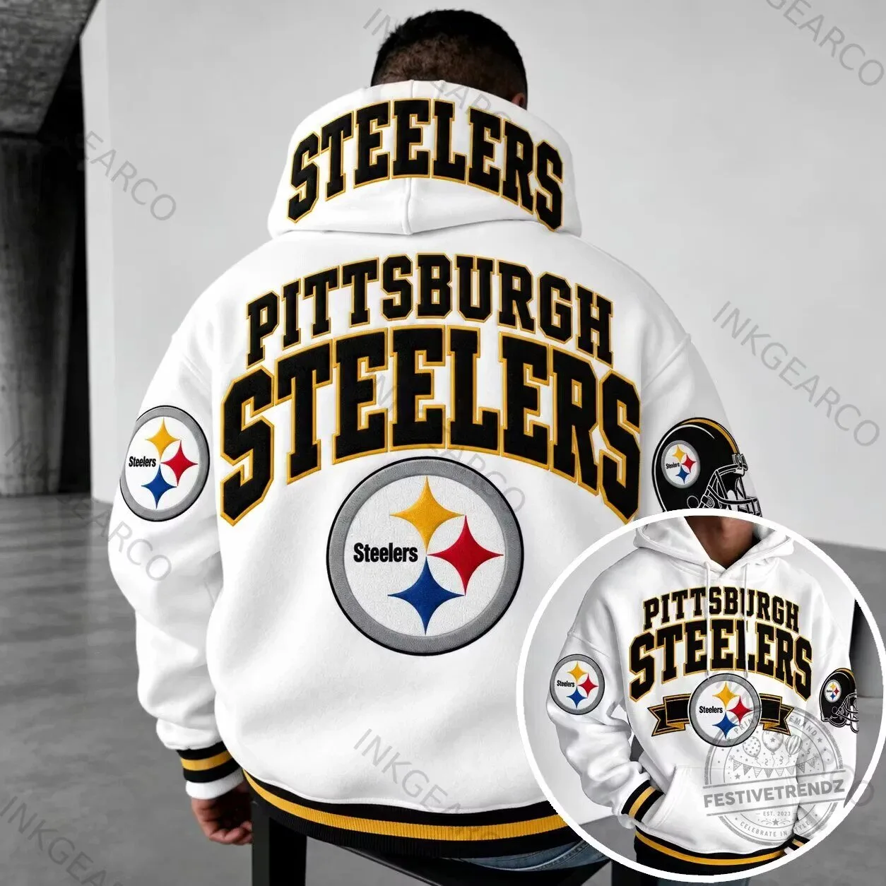 Pittsburgh Steelers NFL Football Team Logo White Varsity Style Hoodie
