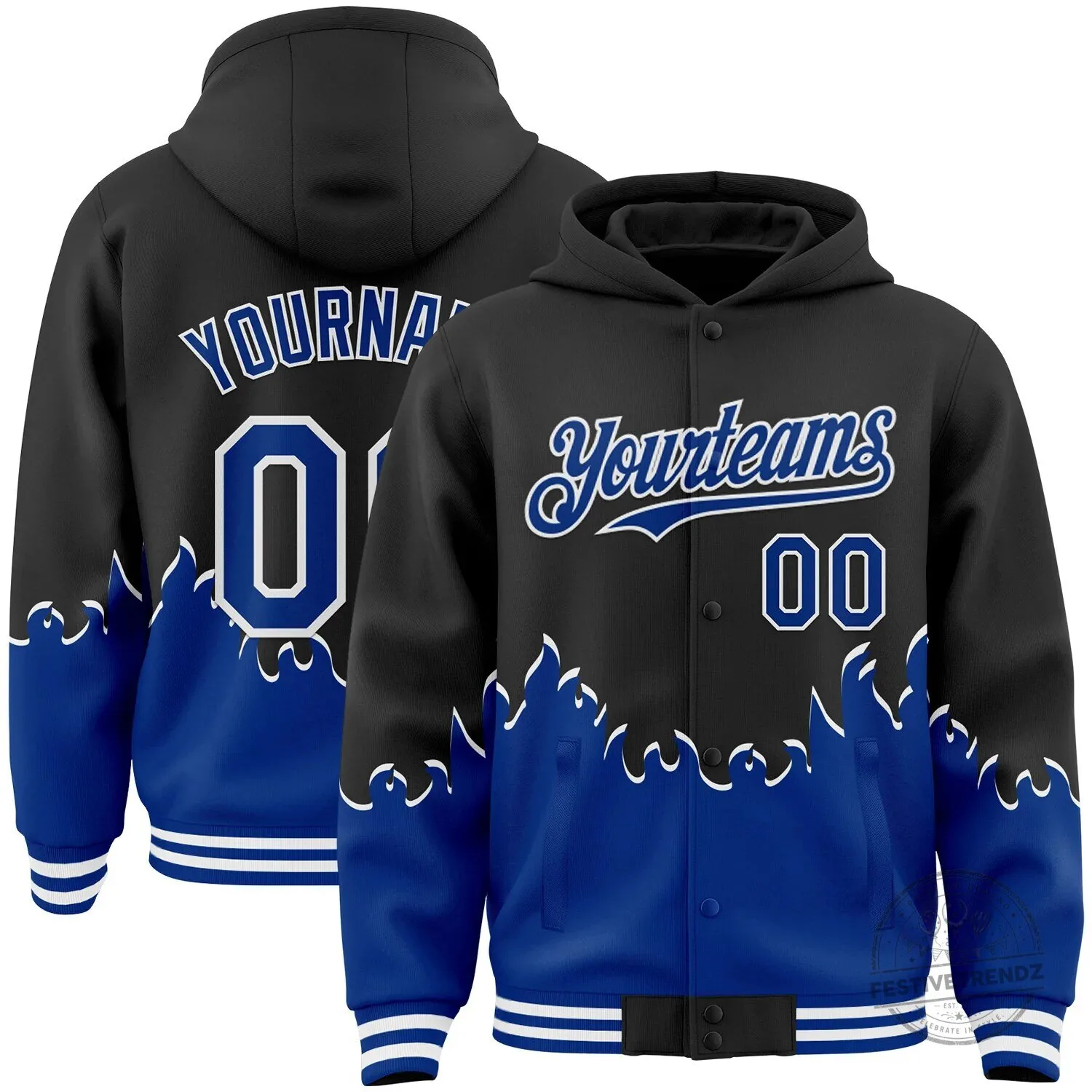 Custom Black Royal Blue Flame Bomber Full-Snap Varsity Letterman Jacket