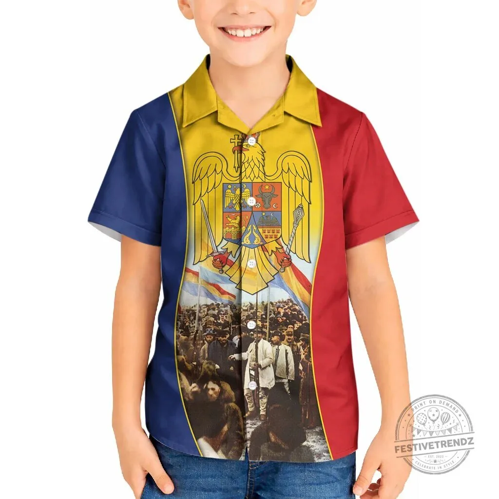 Romania Great Union Day Kids Hawaiian Shirt Alba Iulia National Assembly Design