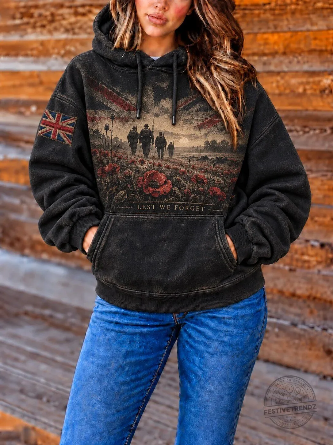 Remembrance Day Lest We Forget Poppies and Soldiers Commemorative Hoodie