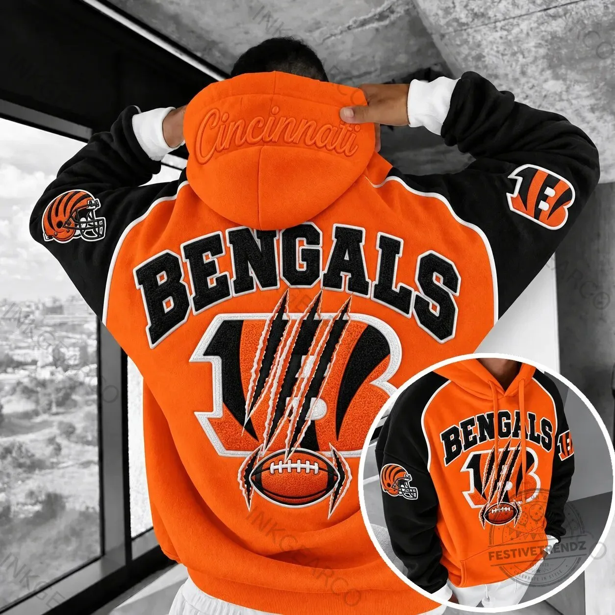 Cincinnati Bengals Football Team Claw Marks Logo Orange and Black Hoodie