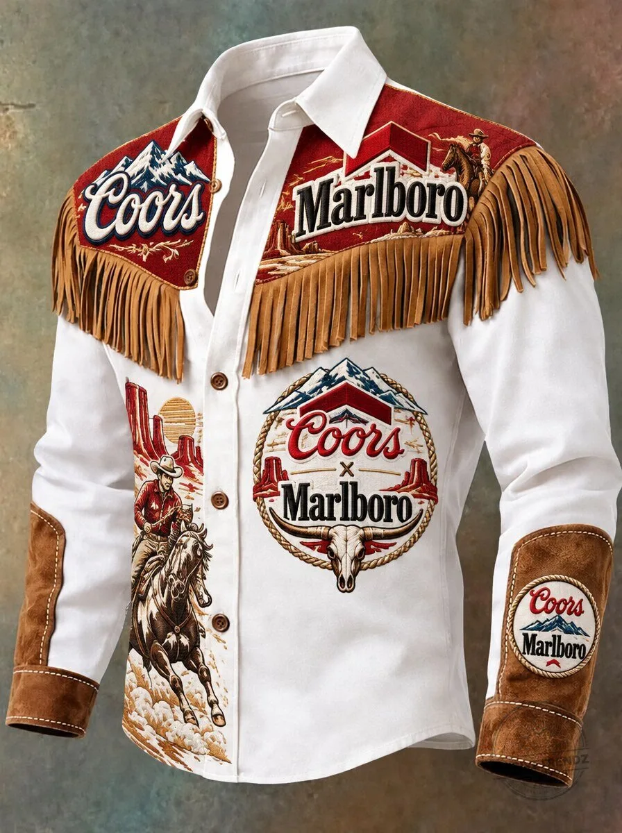 Coors Marlboro Western Style Button Up Long Sleeve Shirt with Fringe