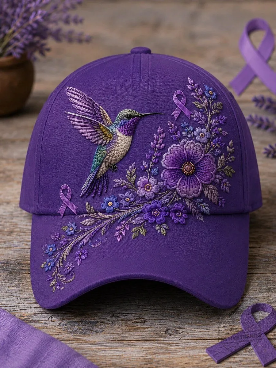 Alzheimer's Awareness Hummingbird Floral Embroidered Purple Cap Hat