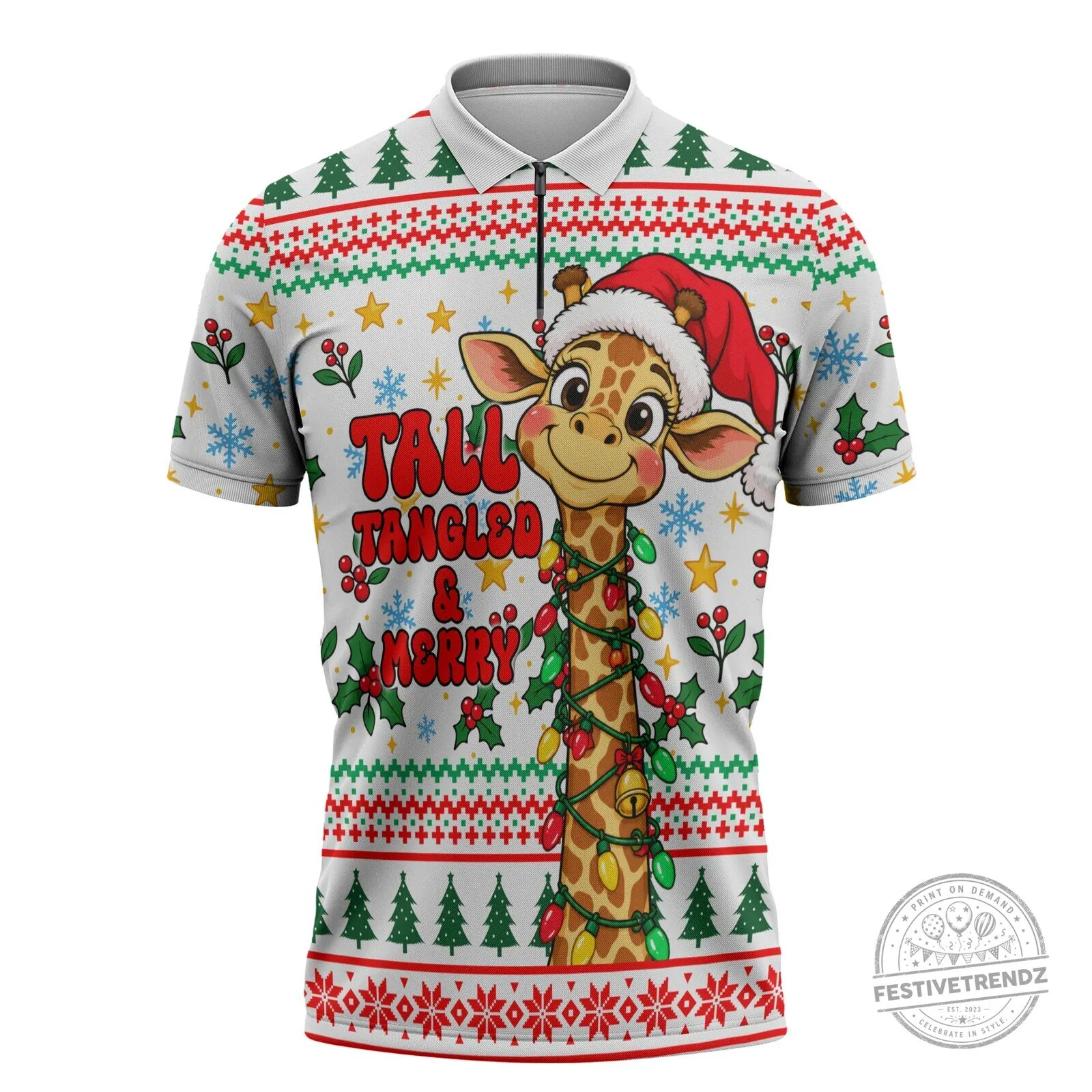 Tall Tangled Merry Christmas Giraffe Ugly Sweater Style Polo Shirt