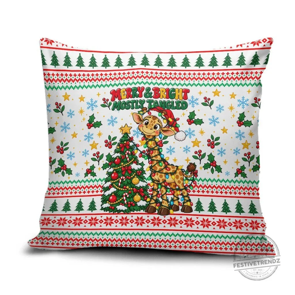 Merry and Bright Mostly Tangled Christmas Giraffe with Lights Holiday Pillow