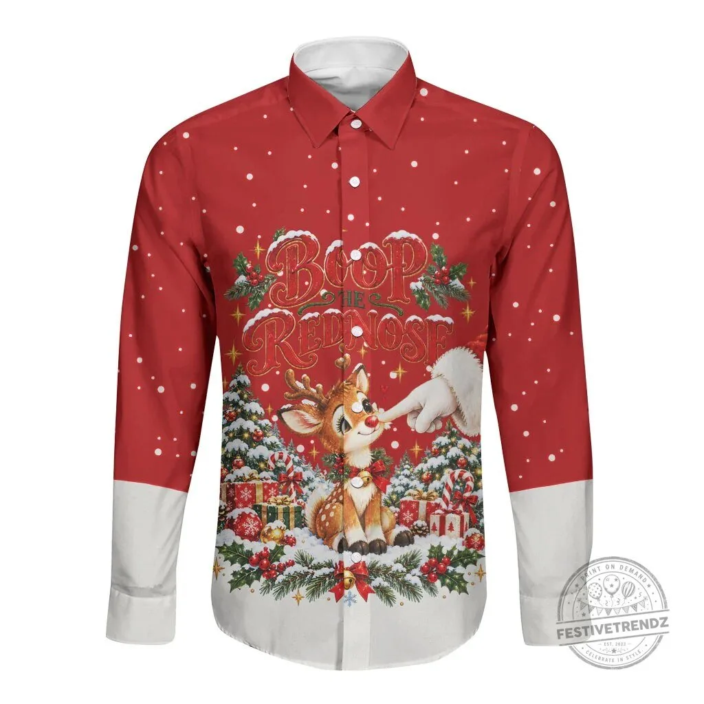 Cute Reindeer Boop The Red Nose Christmas Long Sleeve Button Up Shirt