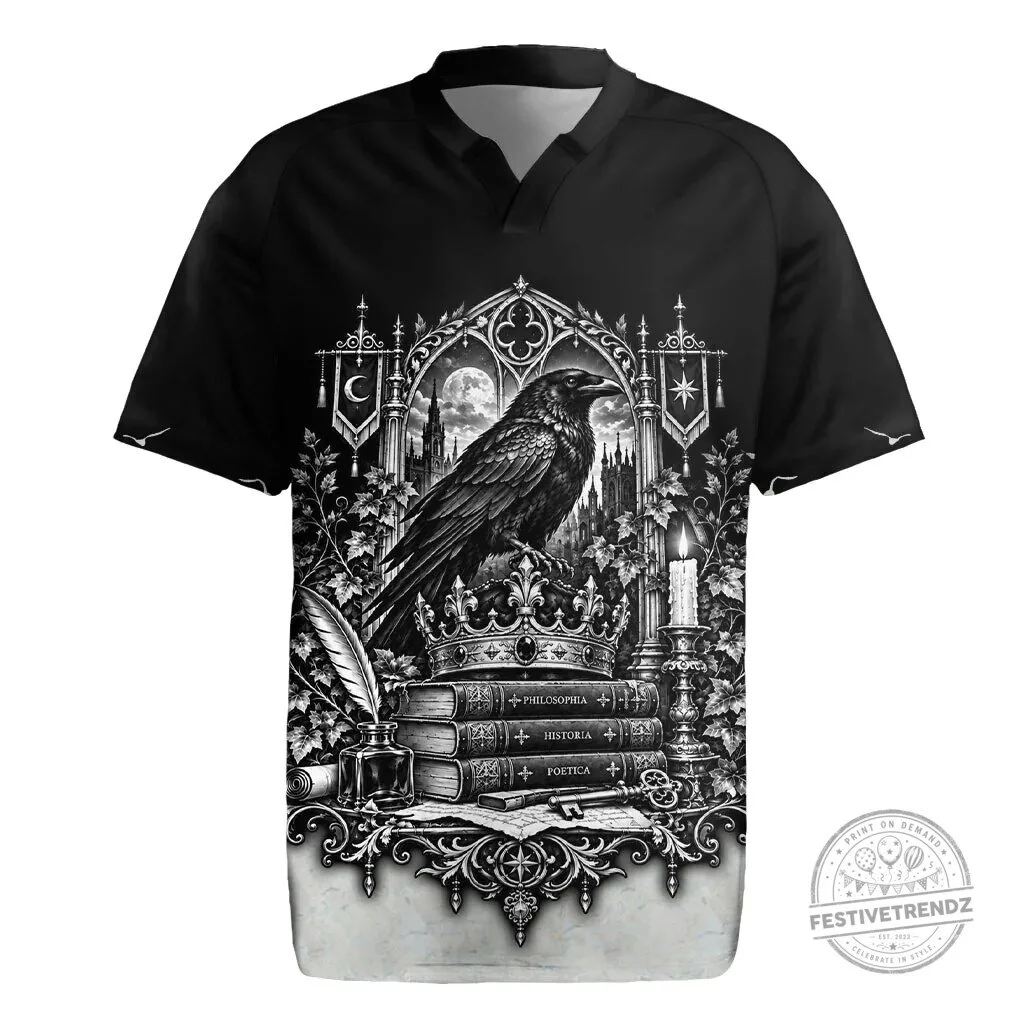 Gothic Literature Polo Shirt with Dark Academia Aesthetic and Vintage Raven Design