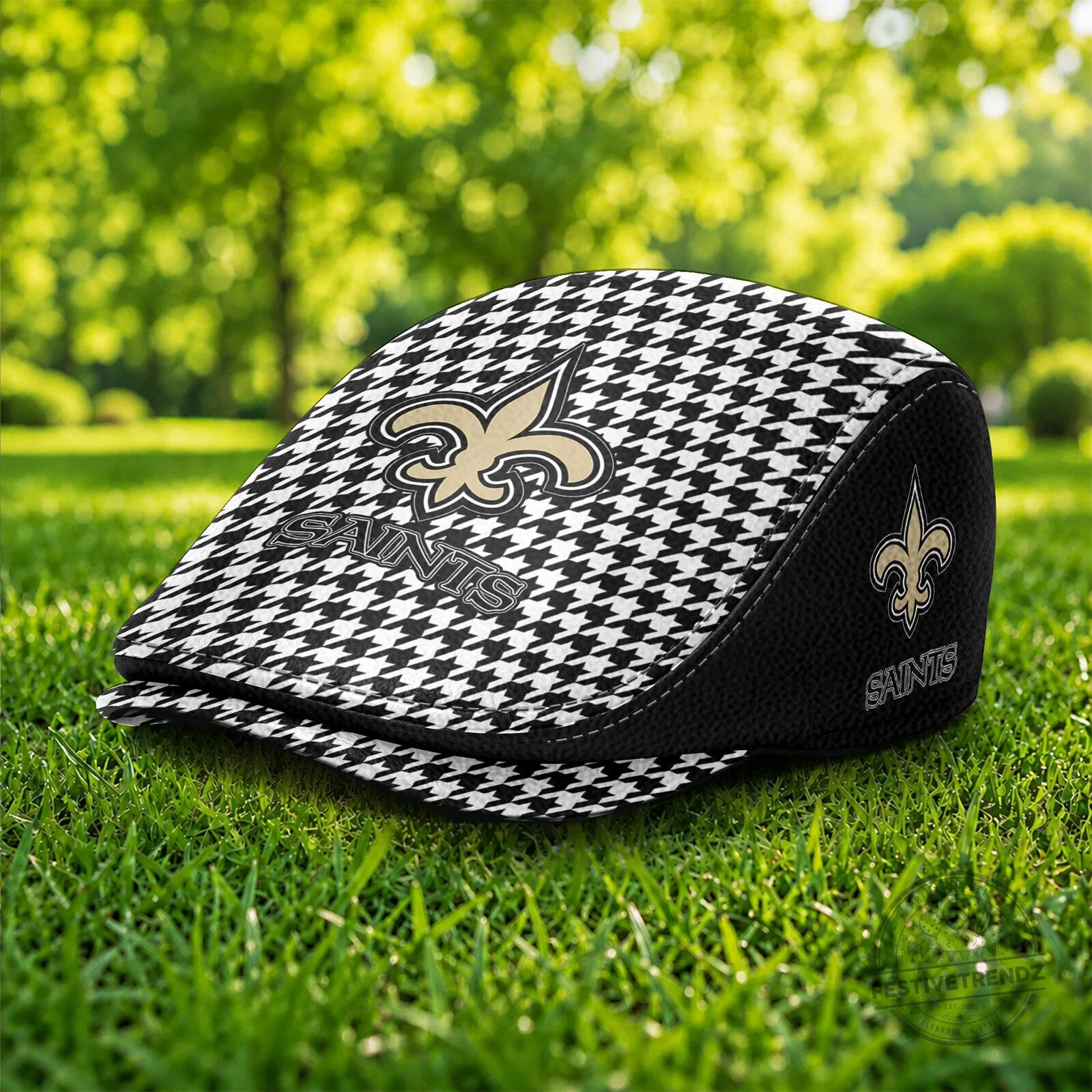 New Orleans Saints Houndstooth Pattern Golf Flat Cap Hat