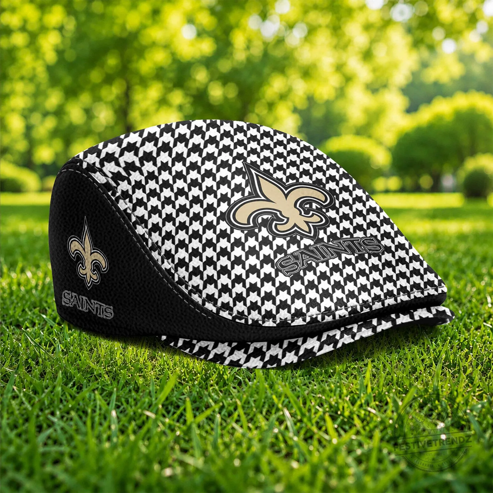 New Orleans Saints Houndstooth Pattern Golf Flat Cap Hat 5 New Orleans Saints Houndstooth Pattern Golf Flat Cap Hat