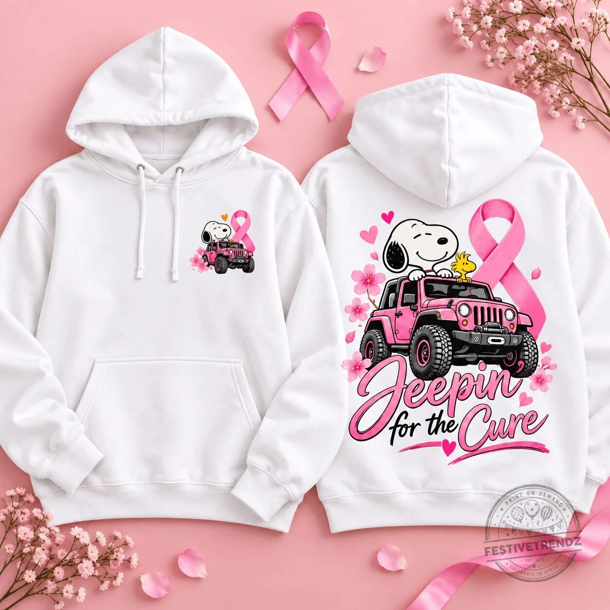 Snoopy Jeep Pink Ribbon Breast Cancer Awareness Hoodie