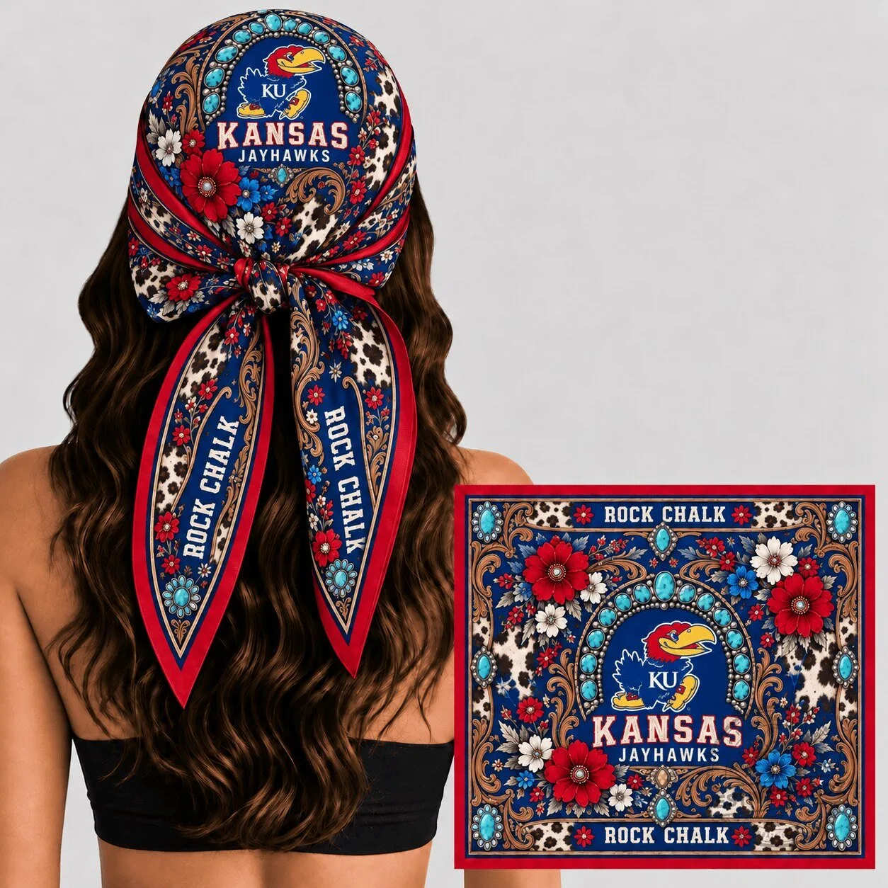 Kansas Jayhawks Rock Chalk Western Boho Floral Silk Bandana Scarf