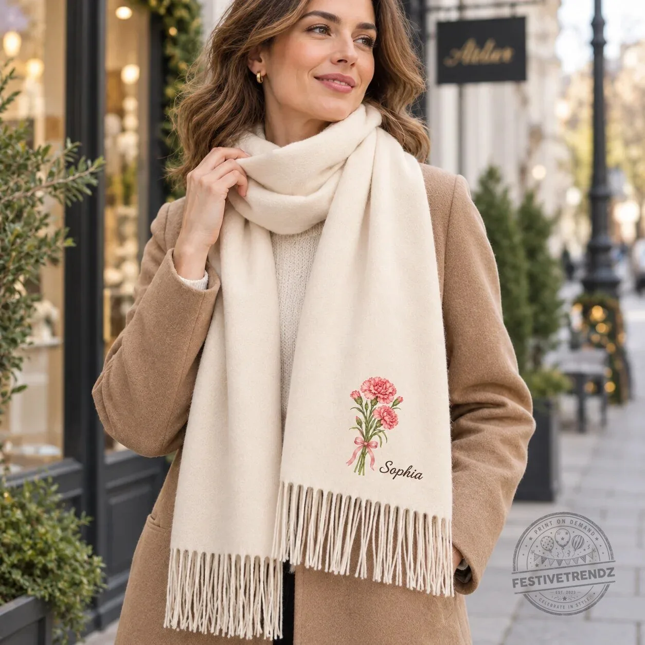 Personalized Carnation Birth Flower Tassel Scarf, Custom Name Winter Wrap Gift