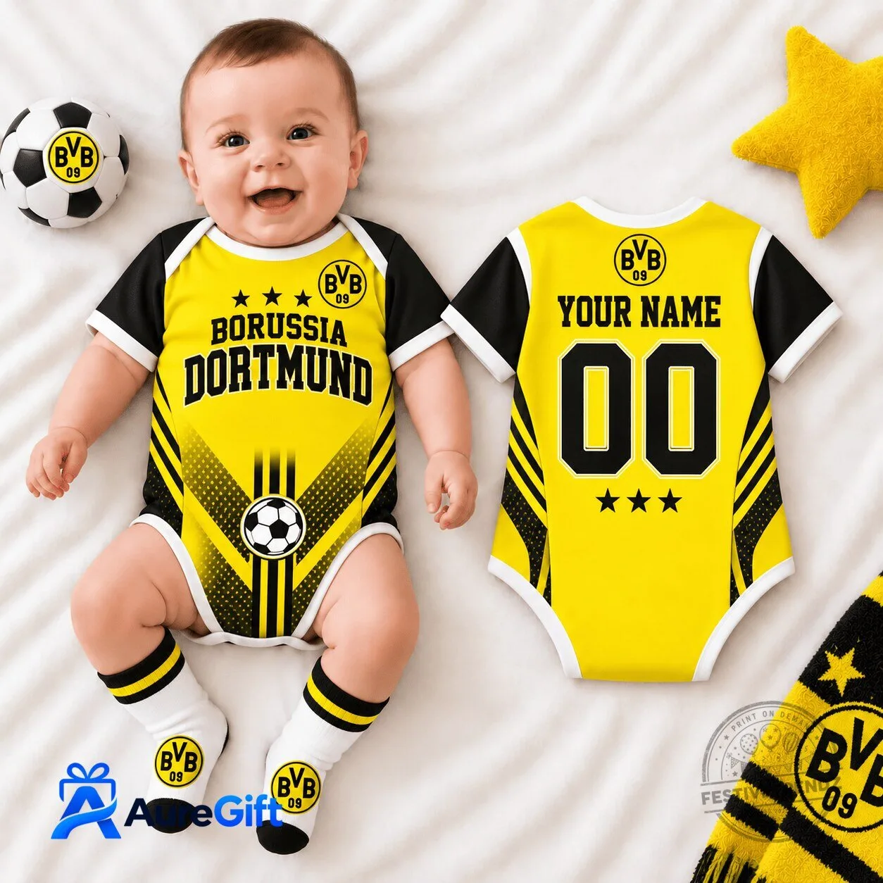 Borussia Dortmund Personalized Baby Romper Soccer Fan Outfit