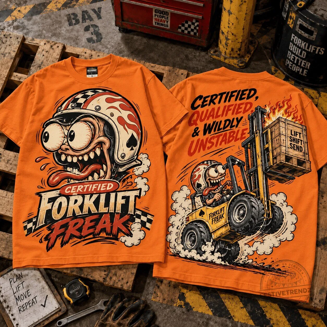 Certified Forklift Freak Funny Forklift Operator Cartoon Orange T-Shirt