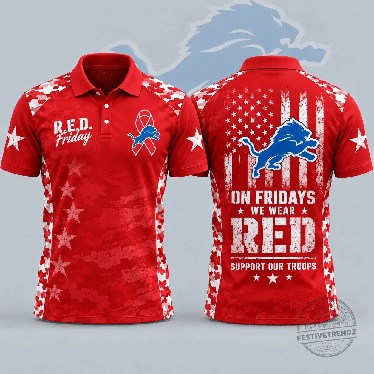 Detroit Lions R.E.D. Friday American Flag Military Camouflage All Over Print Polo Shirt