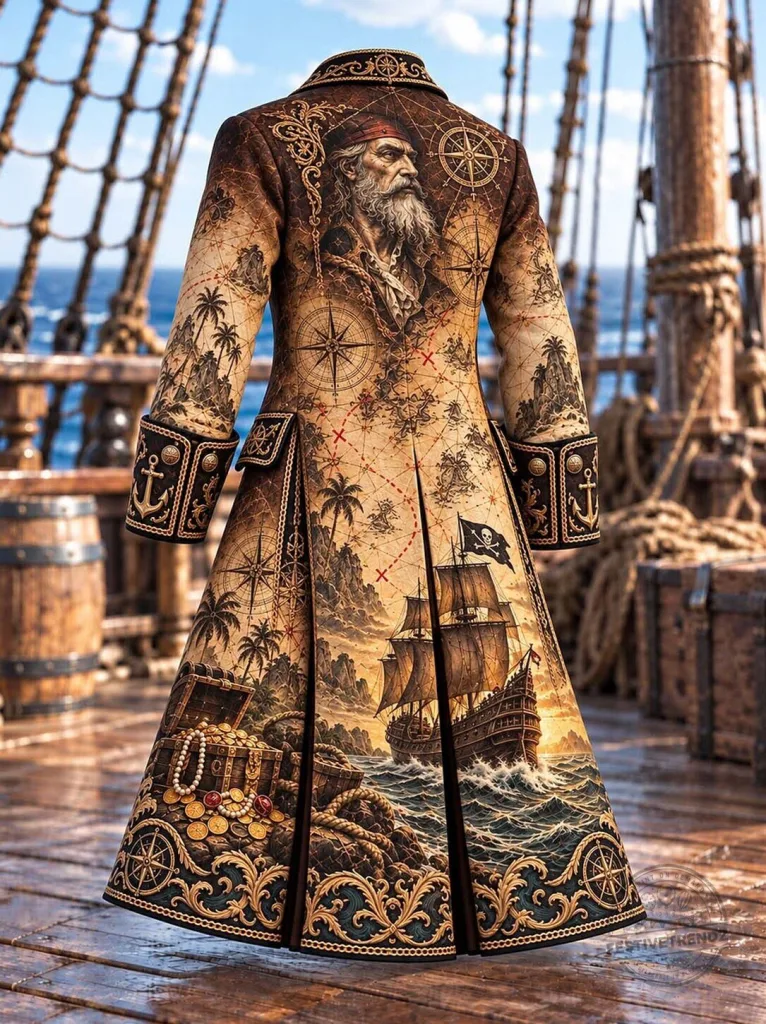 Vintage Pirate Treasure Map and Skull Flag Long Coat for Men 1 Vintage Pirate Treasure Map and Skull Flag Long Coat for Men