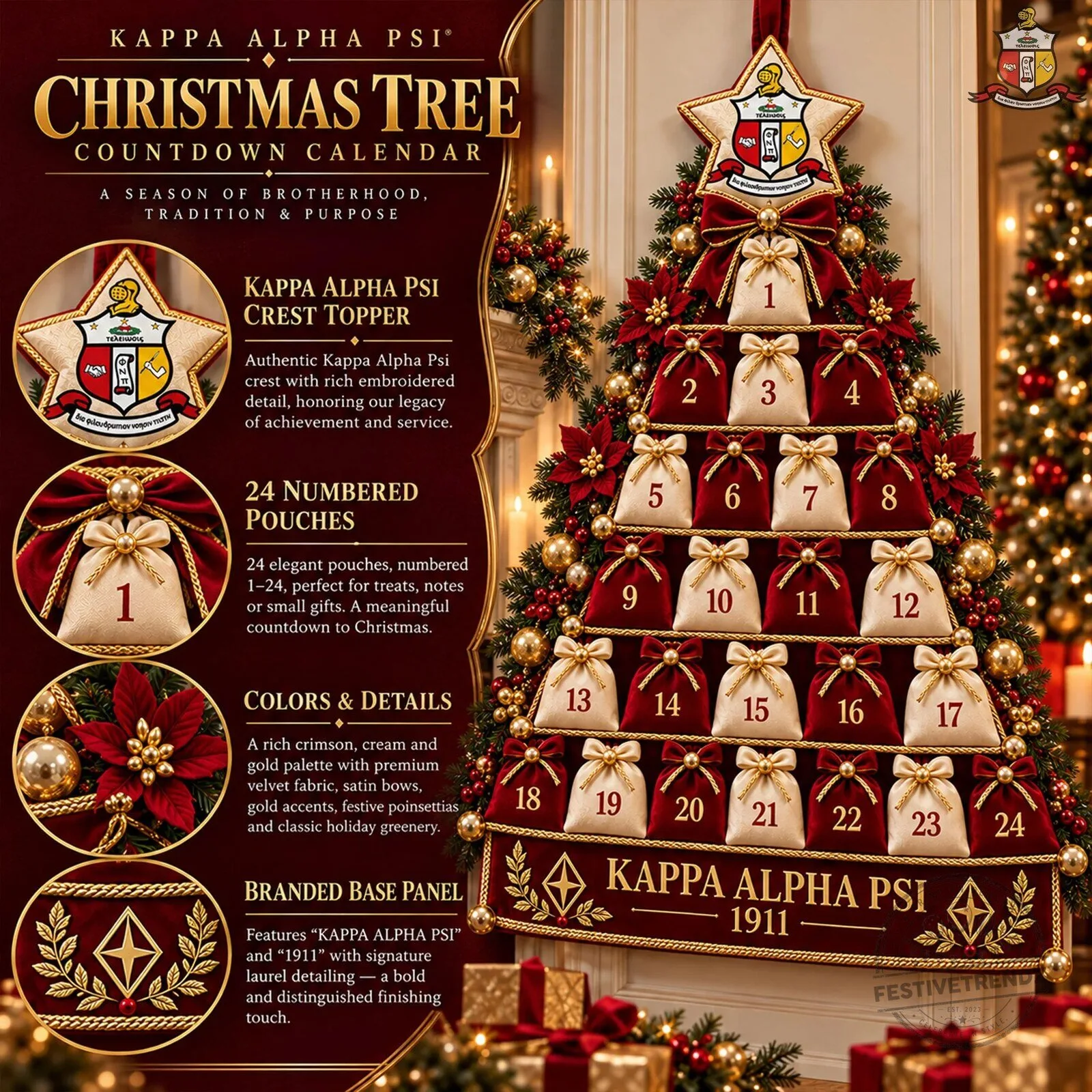 Kappa Alpha Psi Fraternity Christmas Tree Countdown Calendar with 24 Pouches