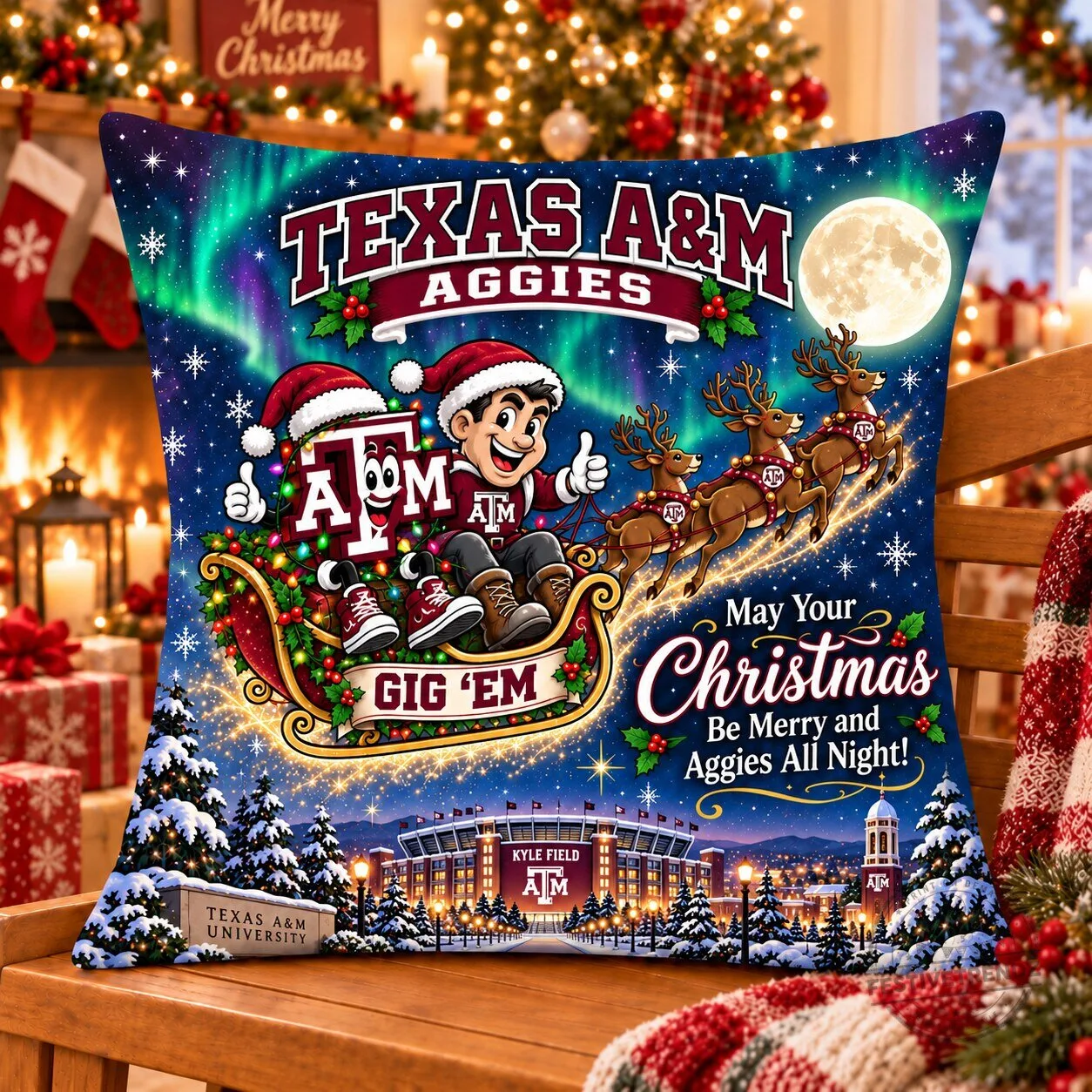 Texas A&M Aggies Magical Christmas Night Flight Decorative Pillow