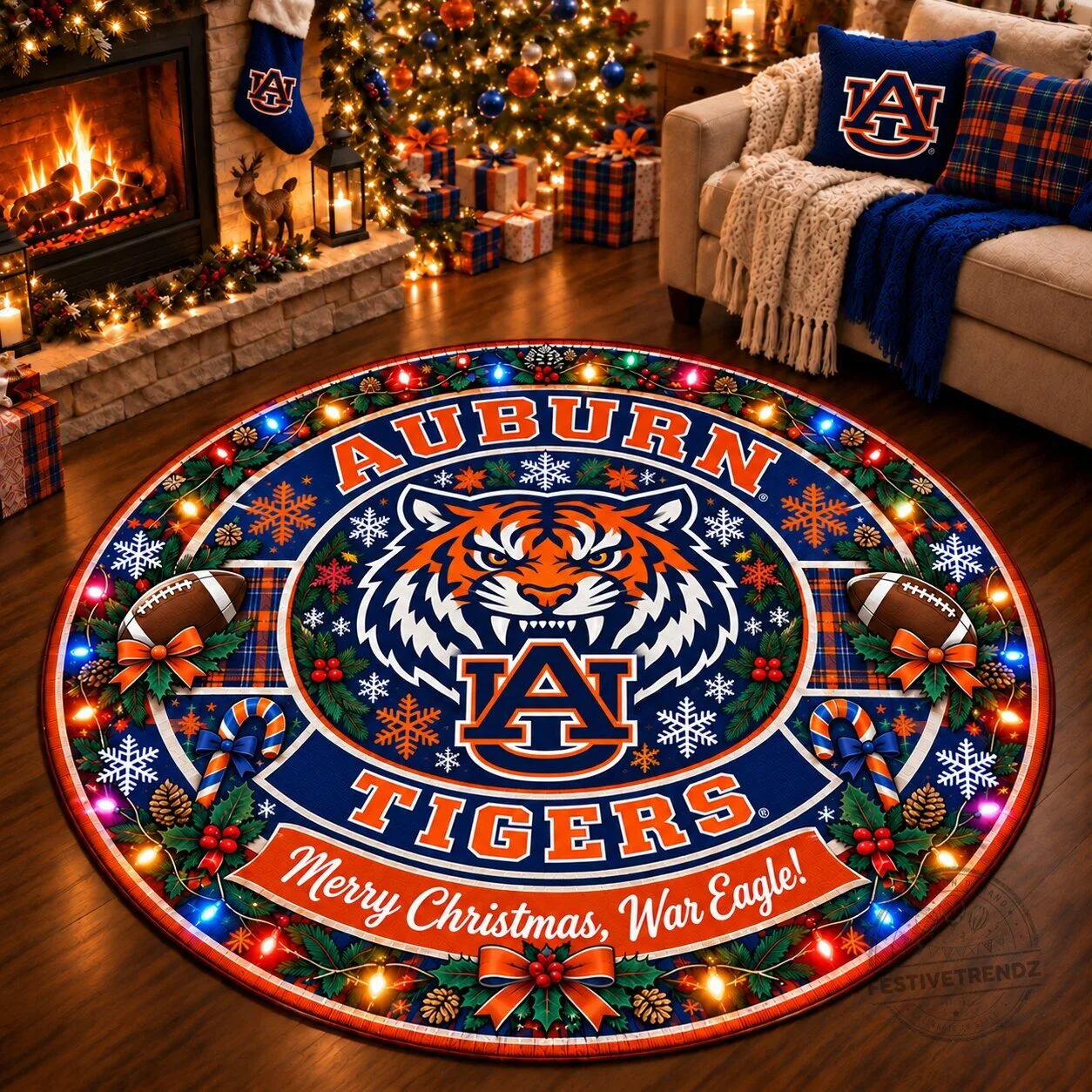 Auburn Tigers Christmas Round Rug - Merry Christmas War Eagle Holiday Decor