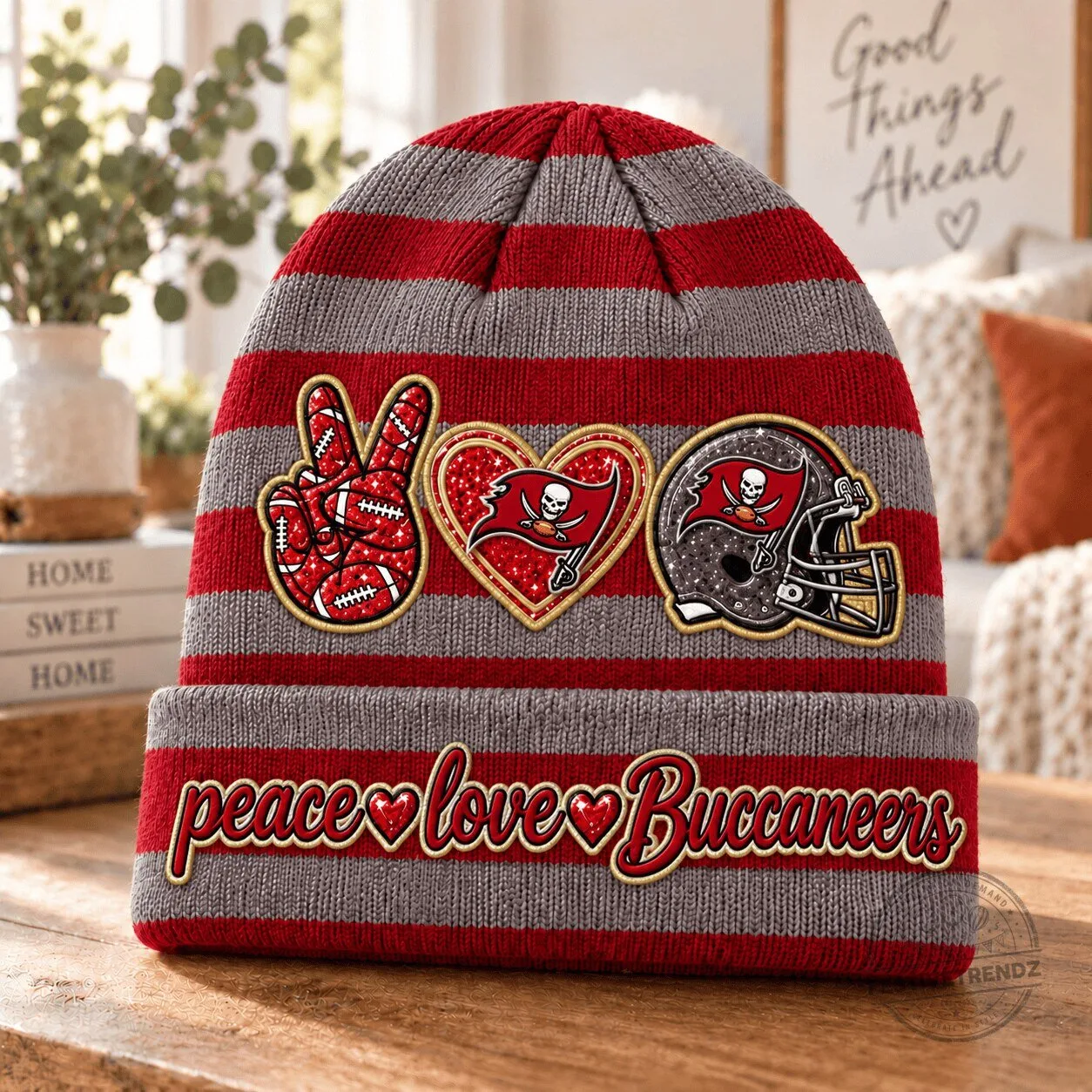 Tampa Bay Buccaneers Peace Love Football Helmet Striped Beanie Hat