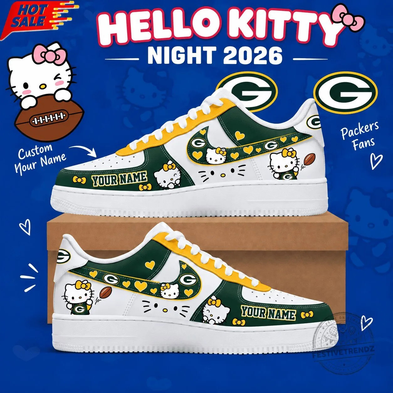 Green Bay Packers Hello Kitty Custom Name Low Top Sneakers