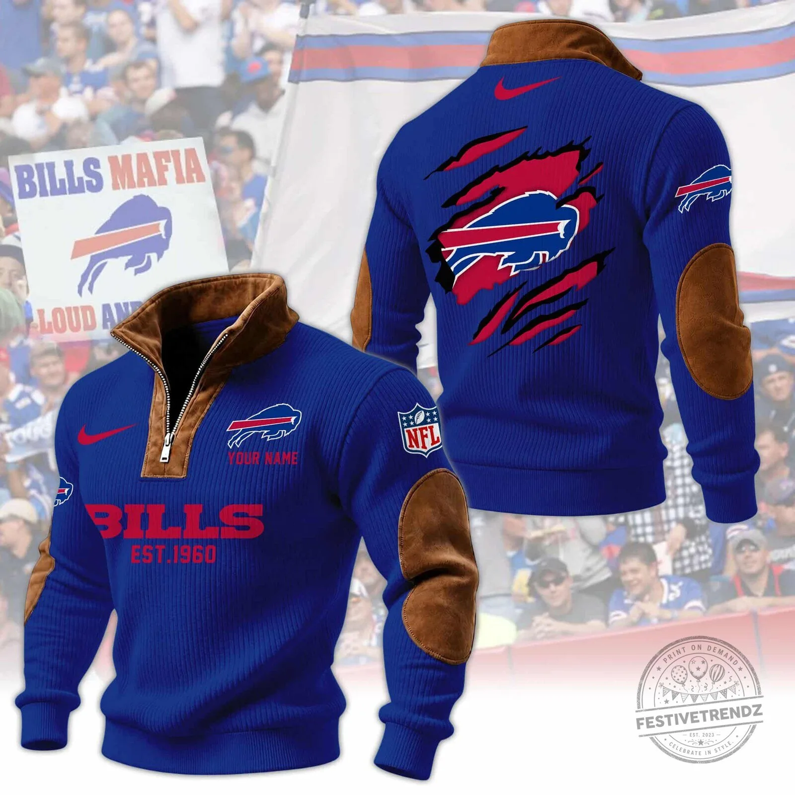 Buffalo Bills Heritage Quarter-Zip Pullover Sweatshirt with Suede Elbow Patches