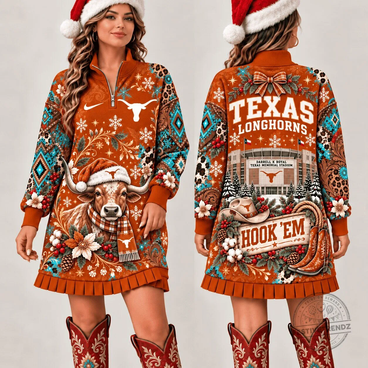 Texas Longhorns Christmas Western Boho Quarter-Zip Sweatshirt Dress