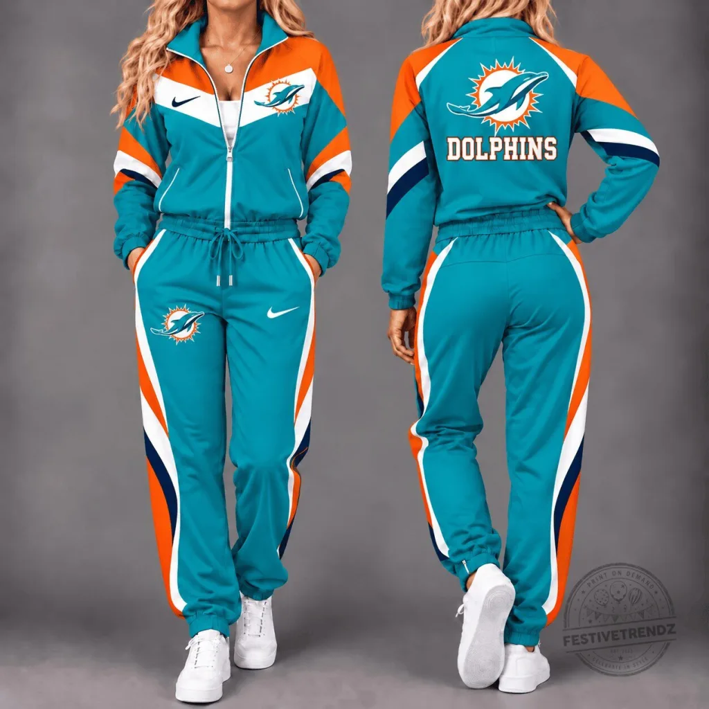 Teal and Orange Miami Dolphins NFL Team Logo Jacket and Pants Tracksuit Set Teal and Orange Miami Dolphins NFL Team Logo Jacket and Pants Tracksuit Set
