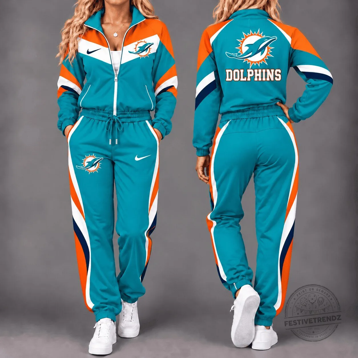 Teal and Orange Miami Dolphins NFL Team Logo Jacket and Pants Tracksuit Set