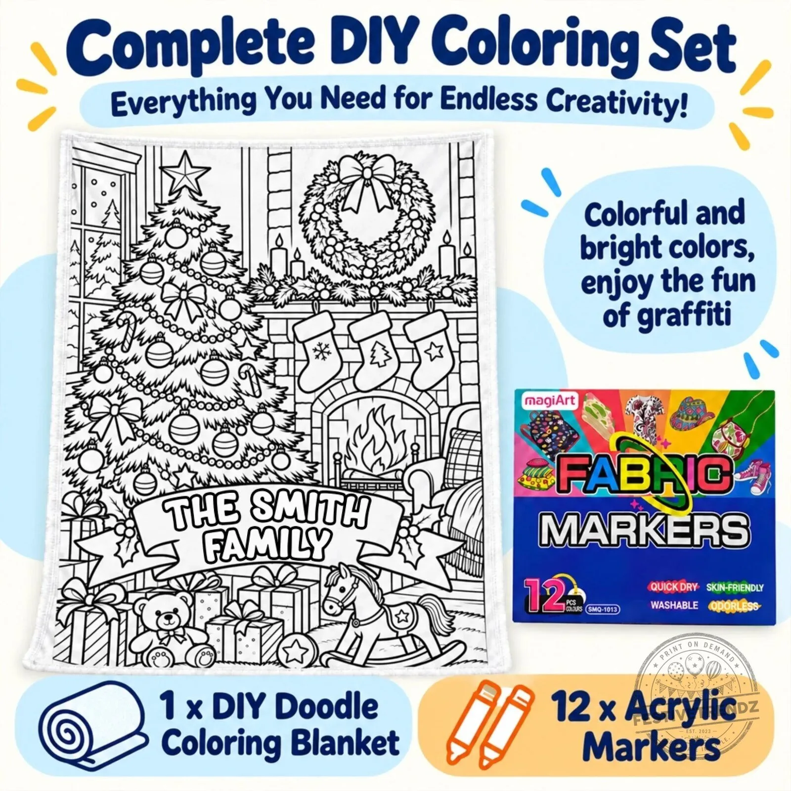 Personalized Christmas Coloring Blanket for The Smith Family, Holiday Doodle Gift 9 Personalized Christmas Coloring Blanket for The Smith Family, Holiday Doodle Gift