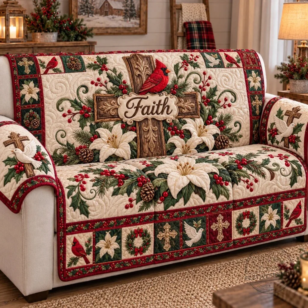 Christmas Cardinal Cross Faith Quilted Sofa Cover for Living Room Decor Christmas Cardinal Cross Faith Quilted Sofa Cover for Living Room Decor