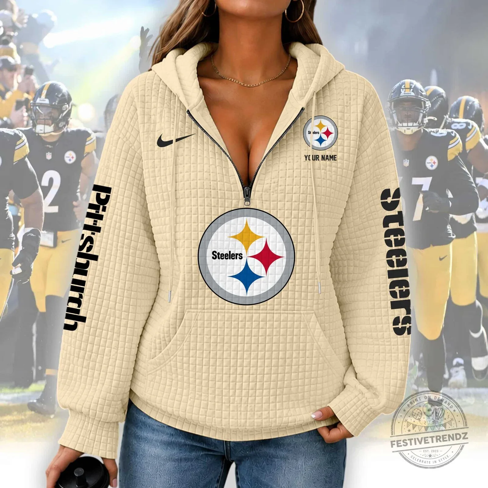 Pittsburgh Steelers Women's Waffle Knit Half-Zip Hoodie 8 Pittsburgh Steelers Women