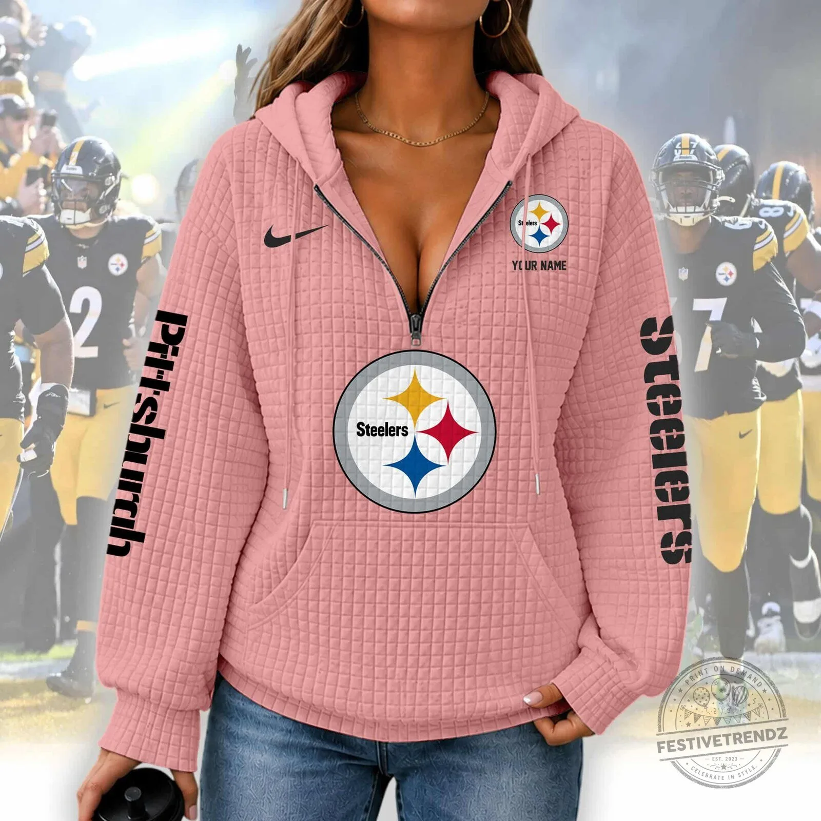 Pittsburgh Steelers Women's Waffle Knit Half-Zip Hoodie 9 Pittsburgh Steelers Women