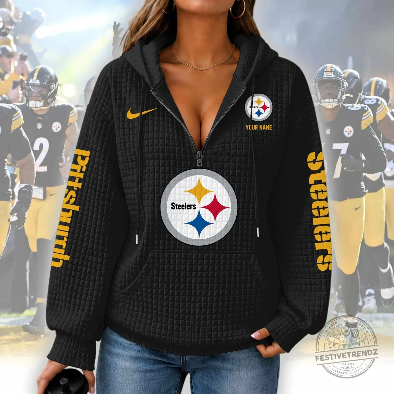 Pittsburgh Steelers Women's Waffle Knit Half-Zip Hoodie 12 Pittsburgh Steelers Women