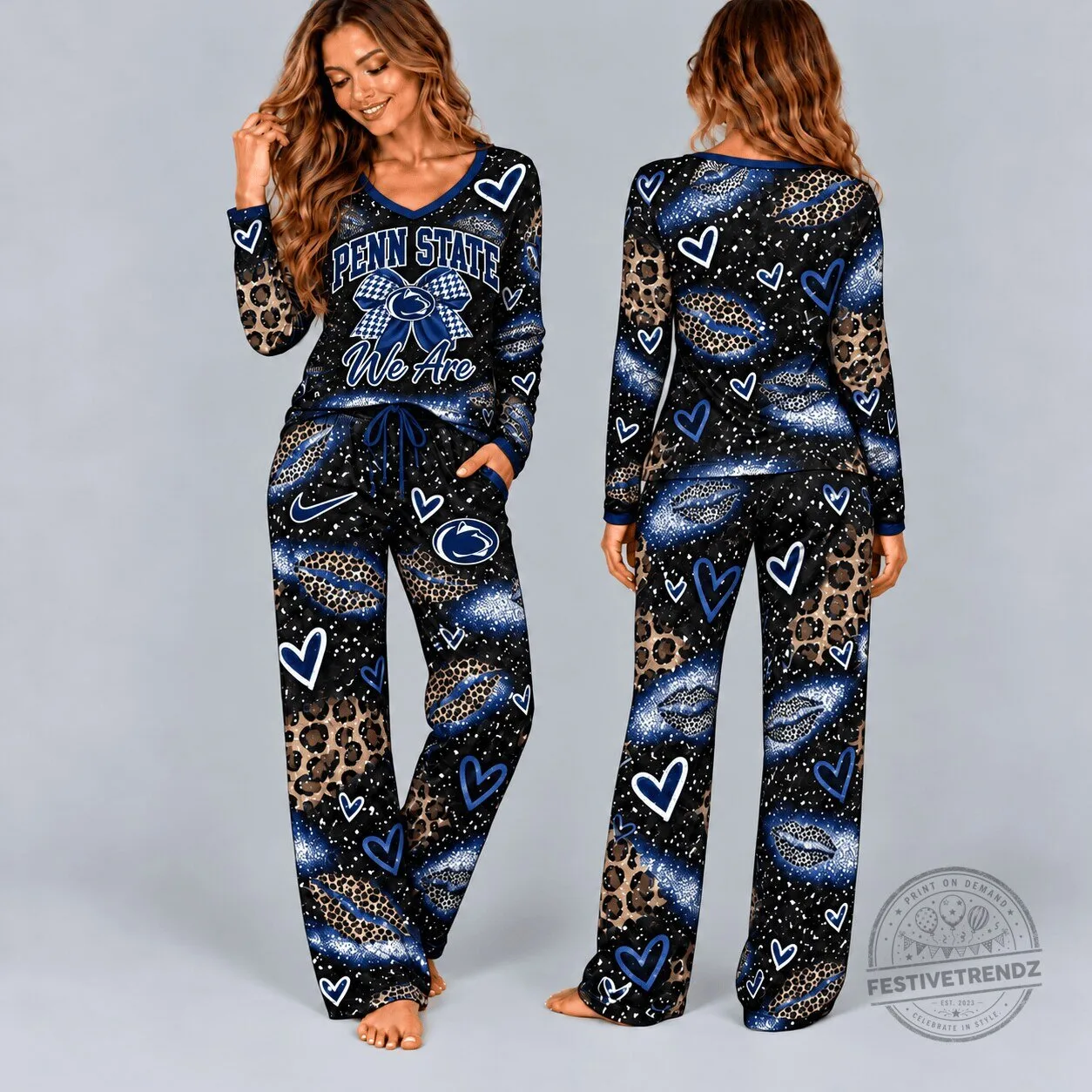 Penn State Nittany Lions Leopard Print Hearts Long Sleeve Pajamas Set