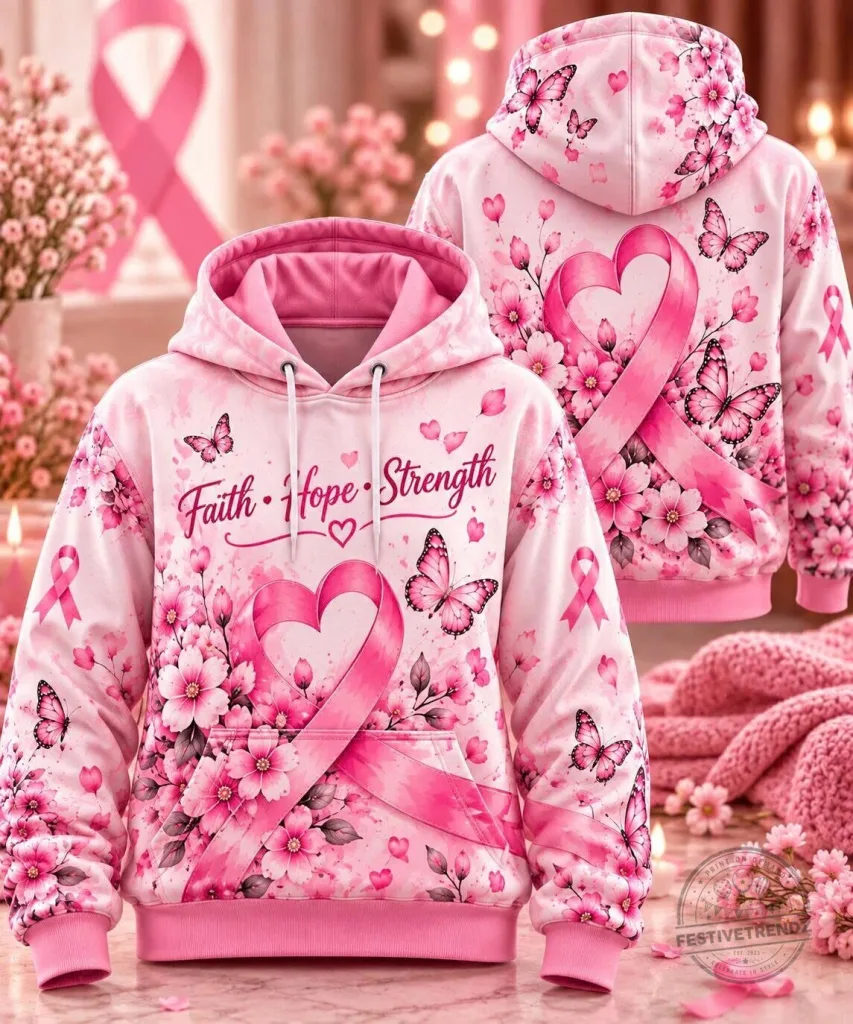 Breast Cancer Awareness Pink Ribbon Faith Hope Strength Hoodie